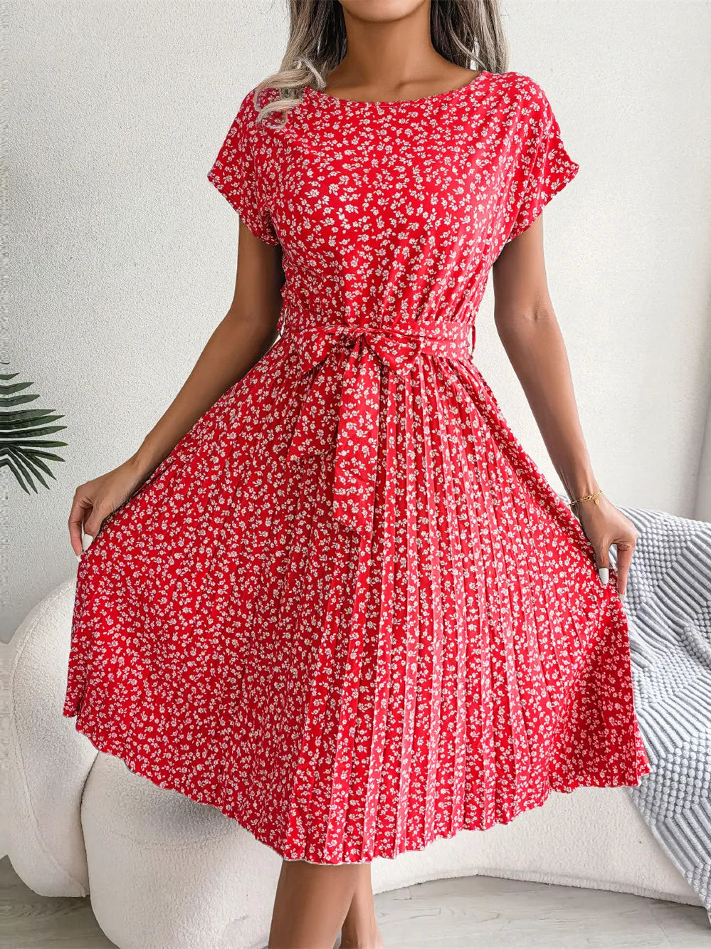 Vestido Midi Soltinho Florido Plissado Feminino