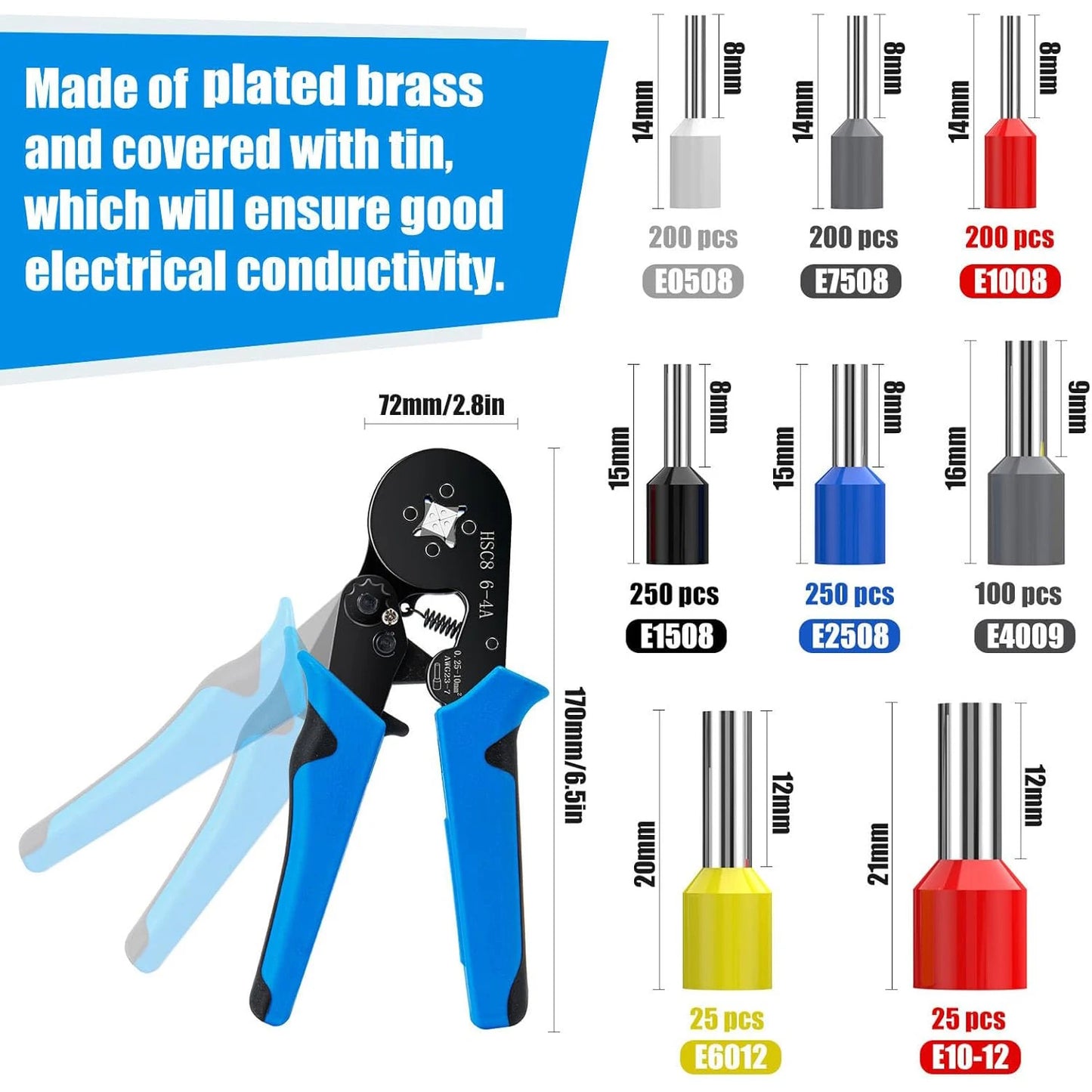 Ferrule Crimping Tool Kit, Crimper Plier with 1250PCS Wire Ferrules Kit Wire End Terminals, Self-adjustable Ratchet Tool Set