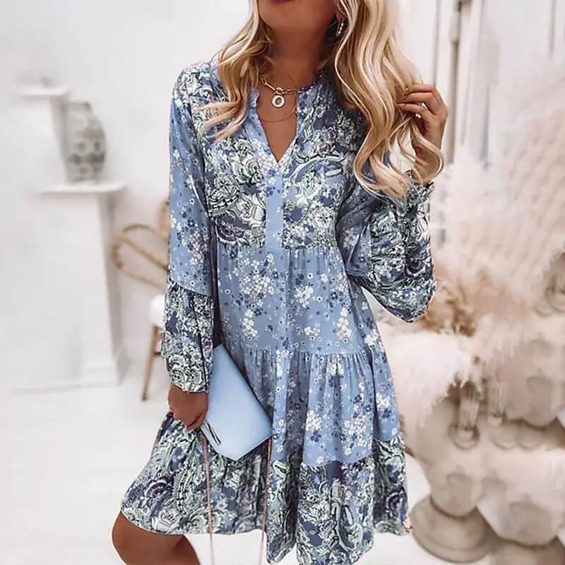 Vestido Estampado Floral de Manga Longa