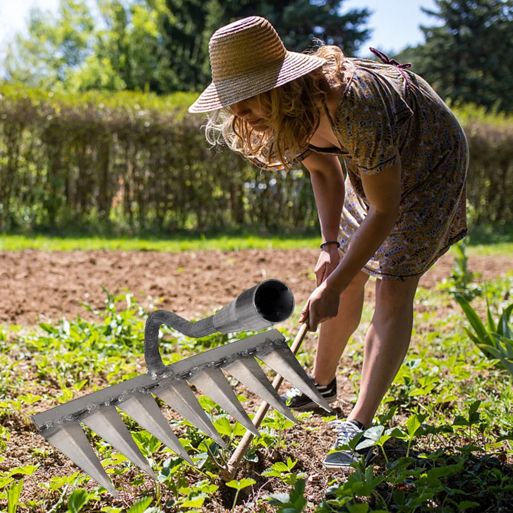 5/6/7/8 Teeth Iron Gardening Hoe Weeding Rake Farm Tool Grasping Raking Loosening Soil Nail Rake Tool Artifact Harrow Farm Tool
