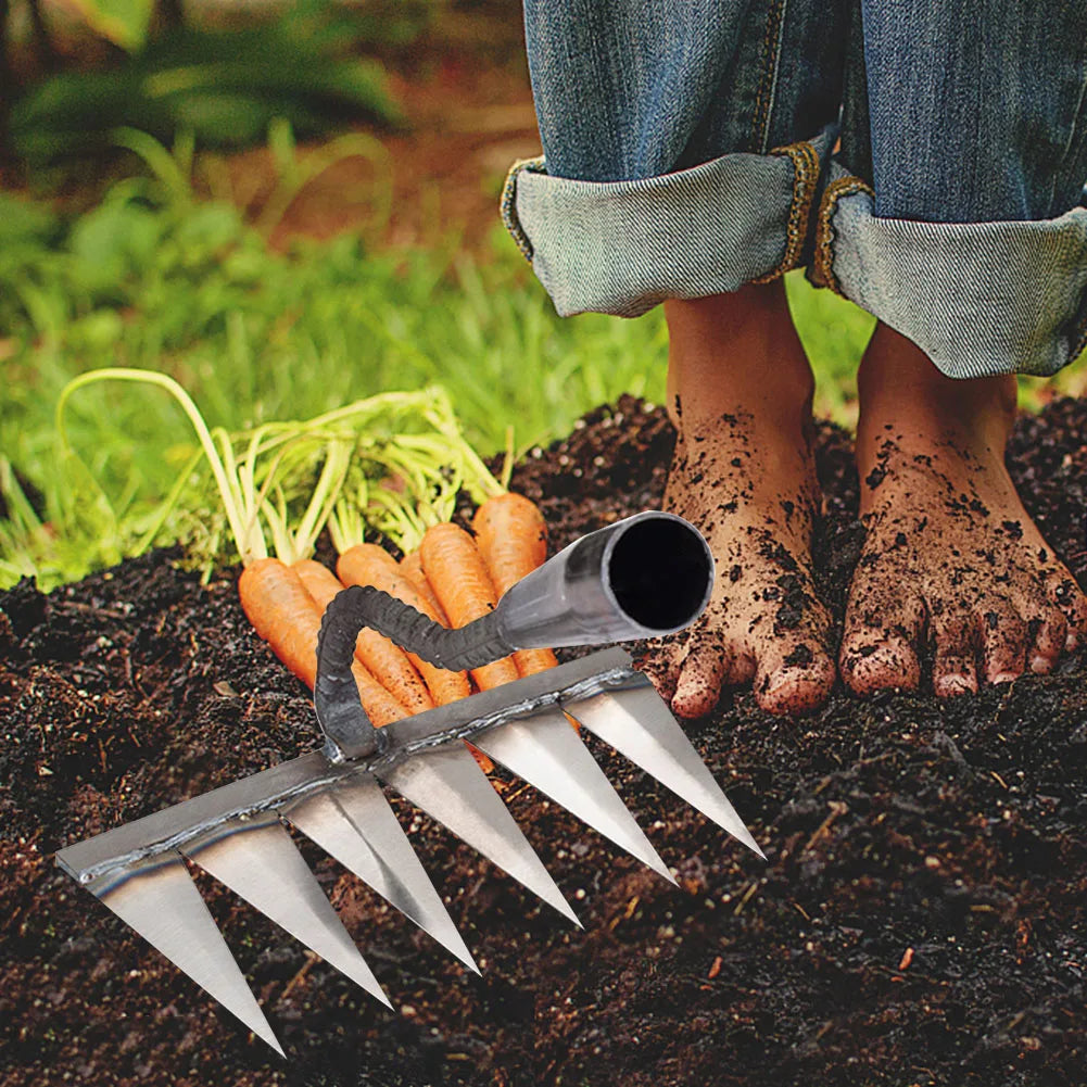 5/6/7/8 Teeth Iron Gardening Hoe Weeding Rake Farm Tool Grasping Raking Loosening Soil Nail Rake Tool Artifact Harrow Farm Tool